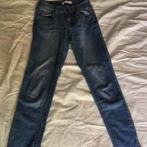 High rise double button light wash jeans